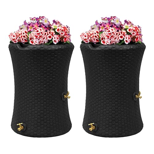 Good-Ideas-Impressions-50-Gallon-Nantucket-Outdoor-Home-Rain-Barrel-Water-Storage-Collector-with-Garden-Planter-and-Brass-Spigot-Black-2-Pack