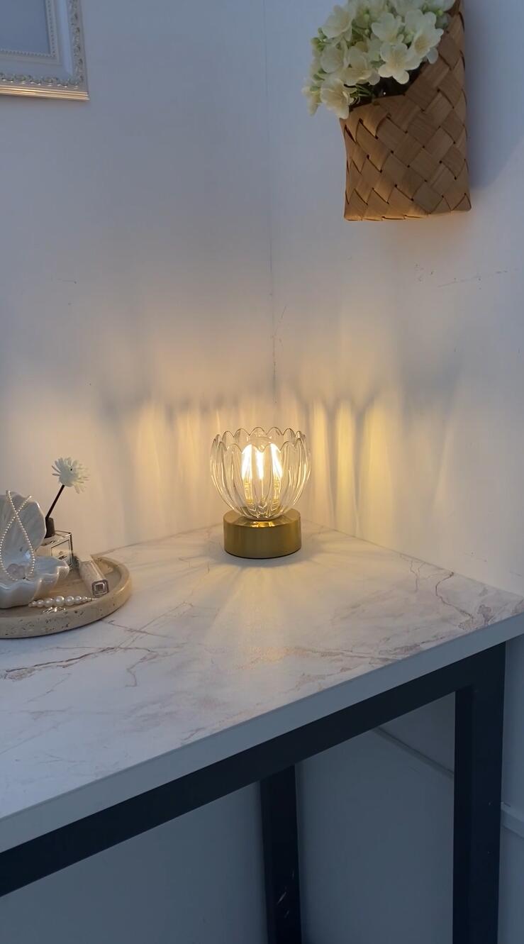 Image of Shenmoyl Cordless Small Table Lamp with 5200mAh Battery & Touch Control, Battery Operated Tulip Table Lamp with 3 Colors, Rechargeable Mini Table Lamps for Bedsides, Bedroom, Nightstand (Transparent)