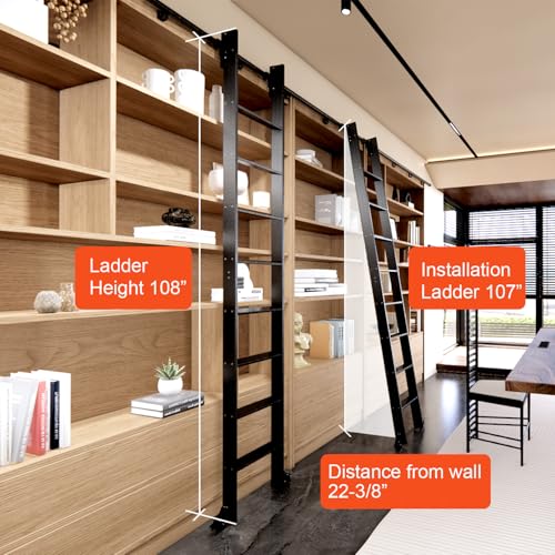 Image of 108in Sliding Library Ladder with 4FT Track Kit, Rolling Ladder with Brake Wheels & Telescopic Top Hooks, Space-Saving Vertical Storage, 9-Step Ladder for Bookshelf & Loft, Black, Aluminum, 330LBS