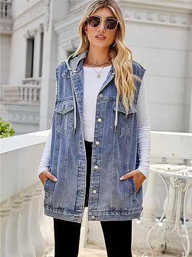 Image of PAODIKUAI Women's Oversized Denim Vest - Sleeveless Distressed Jean Vest with Pockets for Casual Layering