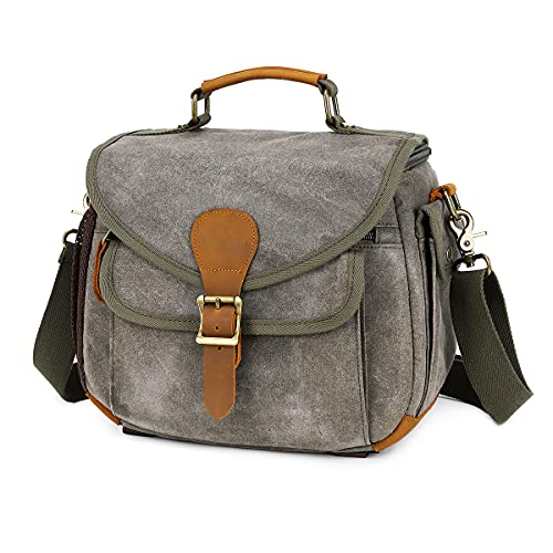 Camera Bag Camera Case Waterproof DSLR Camera Gadget Bag for Men and Women Camera Sling Bag Compact Camera Shoulder Crossbody Bag Case Waxed Canvas Crazy Horse Leather (ArmyGreen)