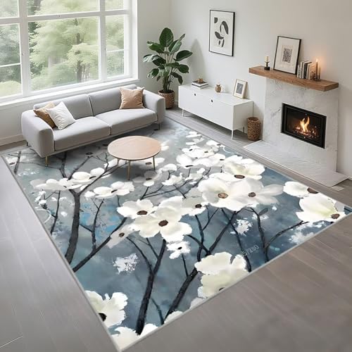 Kunsen Rug Pflegeleicht Blau 80x140cm, Vintage weiße Blumen...