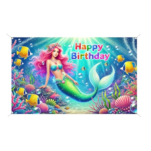 Image of BlissYard Happy Birthday Backdrop Colorful Sea Mermaid Princess Party Banner Photo Background for Photography Girls Birthday Party Decoration Supplies 71 x 43Inches