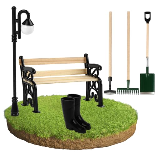 7 STK Miniatur Wichtel Zubehör Garten, 3 Gartengeräte, 1 Parkbank, 1 Parkstraßenlaterne und 1 Paar Mini-Gummistiefel, Miniatur Gartenmöbel Puppenhaus Zubehör für DIY Garten Dekoration