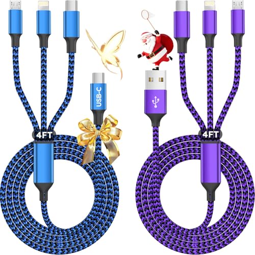 USB A + USB C Multi Charging Cable, 3 in 1 Chargers for Multiple Devices, Universal Charger with Multiple Connectors —Type C, IP, Micro USB Cable for iPhone17/16/15/14, iPad, Galaxy, Kindle(2Pack 4FT)