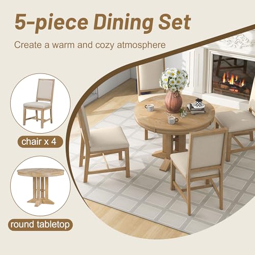 5-Piece-Farmhouse-Wood-Dining-Set-with-Extendable-Round-Table-and-4-Upholstered-Chairs-for-Kitchen-Breakfast-Nook-Living-Room-Natural-42-56-L-x-42-W-x-30-H 5 Piece Farmhouse Wood Dining Set with Extendable Round Table and 4 Upholstered Chairs for Kitchen Breakfast Nook Living Room Natural 42 56 L x 42 W x 30 H