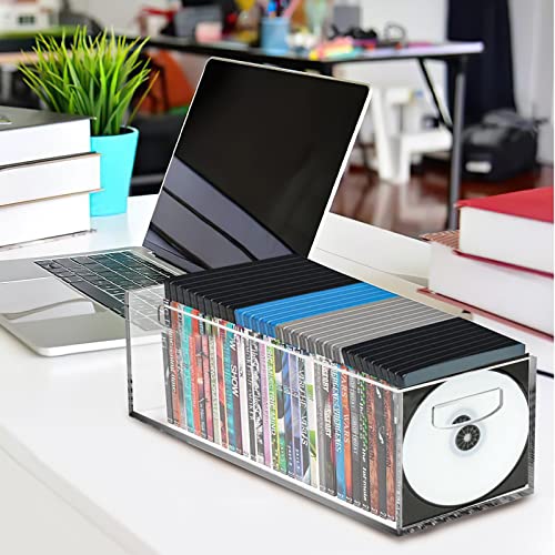 Frcctre 2 Pack Acrylic DVD/CD Storage Box, Clear DVD Holder Case with Handles, Stackable Storage Container Shelf Organizer Bin for DVDs, CDs, Video Games, Blu-ray, Books, Home, Office