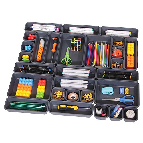 TENABORT 32 Pack Interlocking Desk Drawer Organizer Tray Dividers Plastic Shallow Narrow Drawers Organizers Separators Storage Bins Container for Kitchen Bathroom Makeup Office Vanity Dresser