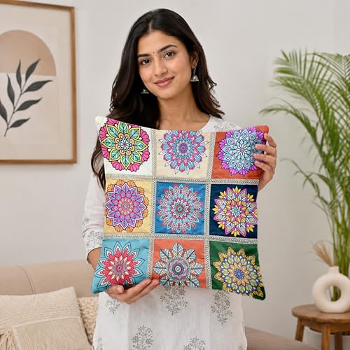 Image of Divine Casa Set of 5 Mandala Print Cushion Covers 16x16 Inches | Polyester Decorative Throw Pillow Covers with Lace Border | Multicolor Cushion Covers for Sofa, Couch & Bedroom | Multi Teal