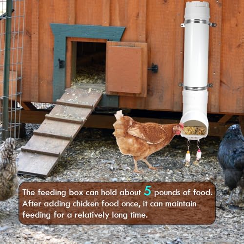 Kalakey Automatic Chicken Feeder, Hanging PVC Tube Chicken Coop Feeder with Chew Toy Bell, Holds 6lbs Feed for Hens Chicks, Grit and Oyster Shell Feeder by Kalekey - Used condition - Image 3