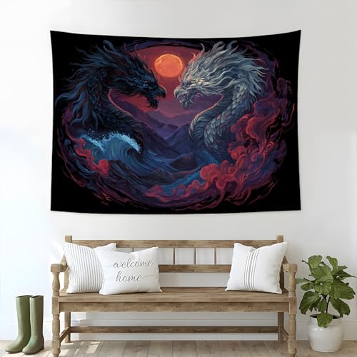 Tapisserie murale dark fantasy dragon de flamme noir et blanc 230x150 cm