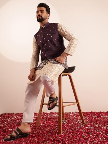 Image of SOJANYA Men's Silk Blend Cream Kurta & White Pyjama With Daman Embroidered Nehru Jacket