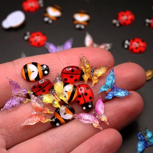 Miniature Micro Resin Ladybug Butterfly Bee Set Dollhouse Miniature Flatback Cabochon Bugs for Spring Fairy Garden Terrarium Scrapbook Nail Art Mini Micro Landscaping Decoration (32 PCS)