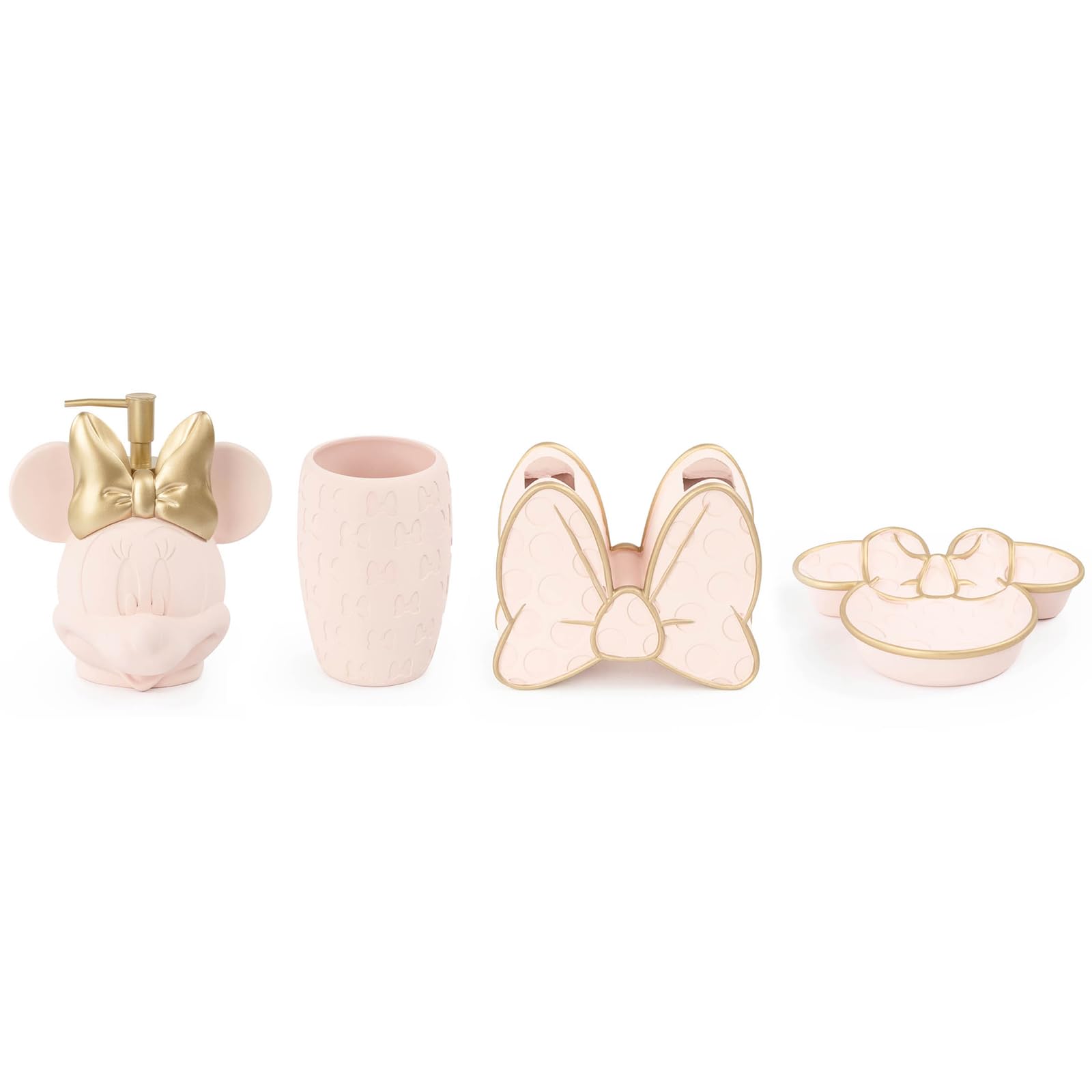 Jay Franco Disney Minnie Mouse Organizer Set - 4 Piece Pink Accessories Includes Resin Soap Dispenser, Soap Dish, Toothbrush Holder and Tumbler - Bathroom Décor