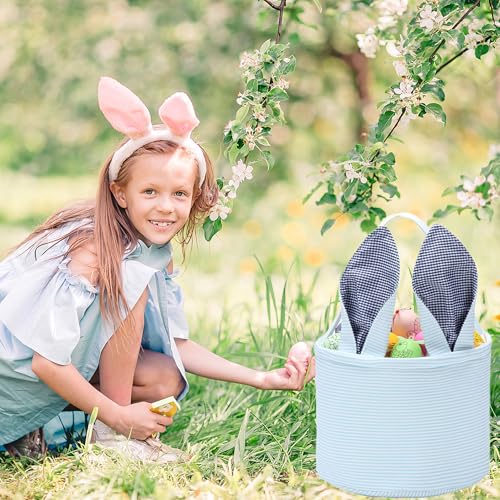Image of Easter Basket Seersucker Egg Hunt Bunny Baskets for Kids with Cute Rabbit Ears Stripe Storage Gifts Candies Personalized Easter Party Gifts