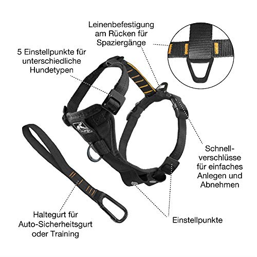 Kurgo Tru-Fit Smart Hundegeschirr, Mit gepolstertem Brustteil und D-Ring, Inklusive Autosicherheitsgurt, Größe XS, Schwarz