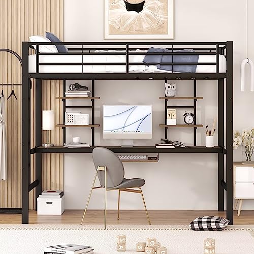 Dolamaní Letto a soppalco 90 x 200 cm con scrivania, struttura in metallo con due librerie e una scrivania integrata, rete a doghe, per bambini, ragazzi (nero)