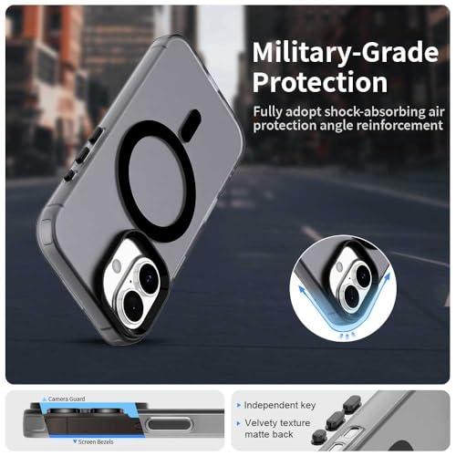 Image of Elzzi Translucent Matte Back Cover for iPhone 16 Case, Shockproof Anti-Fingerprint Phone Cover with Magnetic Wireless Charging, MagSafe Compatible Protective Case for Men & Women (Black)
