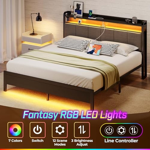 Image of Rolanstar Bed Frame King Size with Charging Station and LED Lights, Upholstered Headboard with Storage Shelves, Heavy Duty Metal Slats, No Box Spring Need, Noise Free, Easy Assembly, Grey