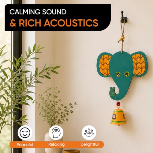 Image of Aakriti Art Creations Happy Elephant Wind Chime | Handmade Modern Art Wooden & Metal Wind Chime | Outdoor & Indoor Decorative Wind Chimes for Balcony, Garden, Living Room & Gifting