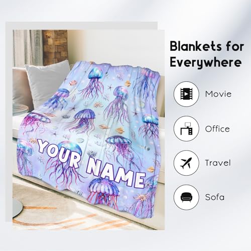 Custom Jellyfish Blanket with Name for Kids, Cute Soft Gifts for Ocean Lovers, Cozy Flannel Throw for Couch Sofa, 30"x40"