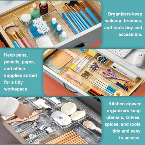 Image of Rylan Set of 2 Drawer Organiser /Unbreakable Drawer Organizer /Dressing Table Organizer /Multi-Purpose Storage Boxes /Drawer Divider Tray for Kitchen /Bedroom /Office - (Clear Transparent)'