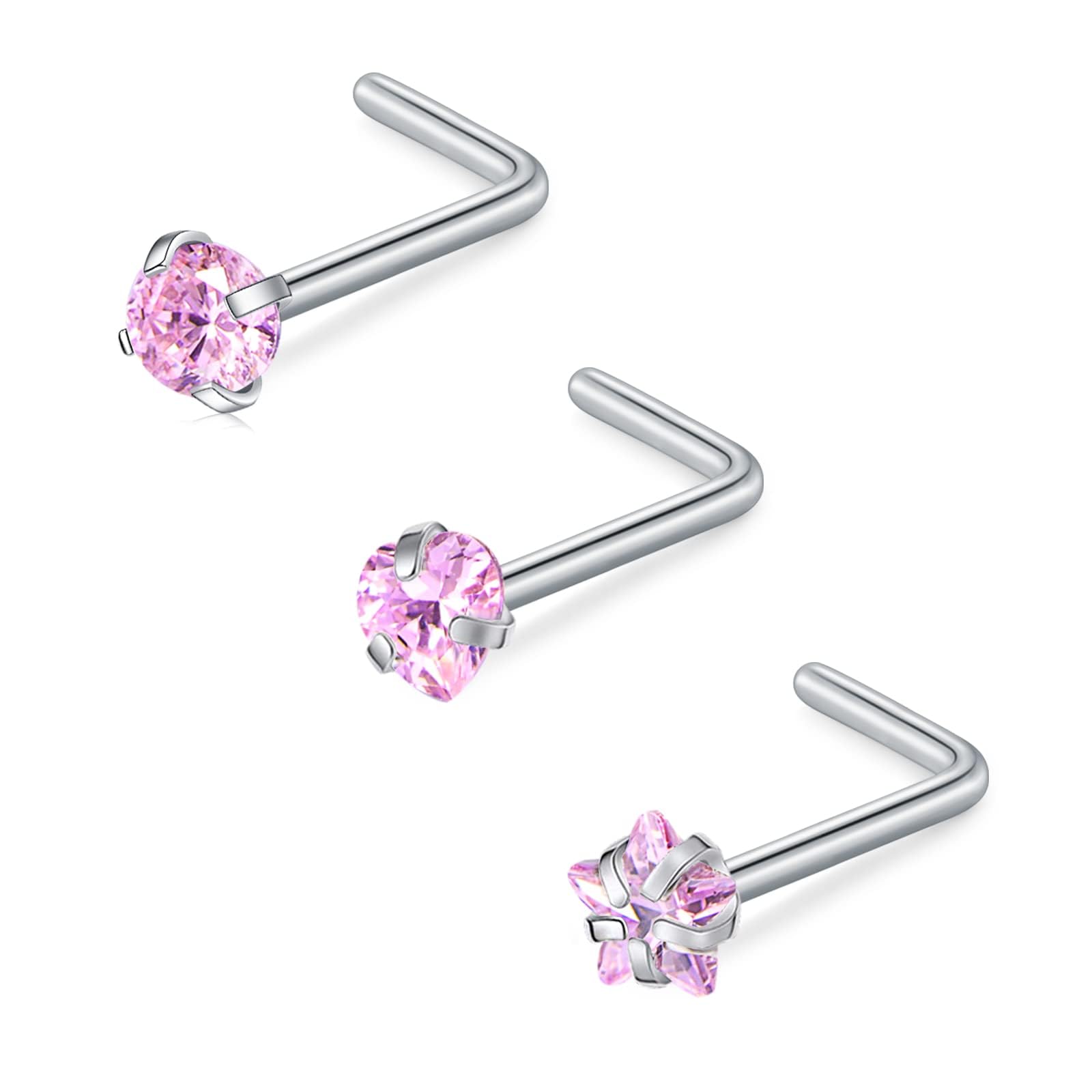 FECTAS Nose Stud L Shape Nose Ring Stud Nose Bar 18G 20G 1.5mm 2mm 2.5mm 3mm L Shaped Nose Piercing Jewellery Stainless Steel Clear Pink Blue Round Star Heart Diamond Silver Gold Black — view 8