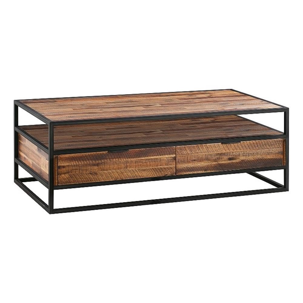 Armen Living Ludgate Rectangle Coffee Table with Shelf in Acacia and Black Metal