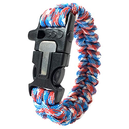 Nutravicity Paracord Emergency 3in1 Survival Bracelet - Fire Starter â€“ Loud Whistle â€“ Emergency Knife â€“ Perfect for Hiking, Camping, Hunting, Fishing (Red, White, and Blue)