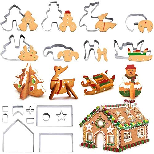 Cortador de Galletas de Navidad, Linxuan Juego de Cortadores de Galletas Gingerbread House Herramienta para Hornear de Acero Inoxidable 3D Hornee su Pequeña Casa de Navidad 18 piezas