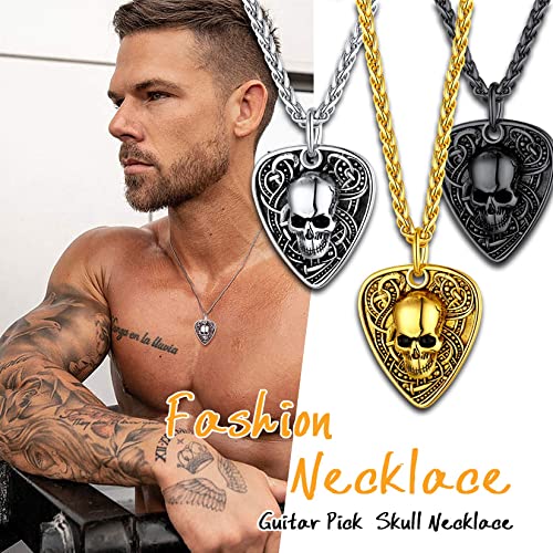 U7 Men Pendant Necklaces, Stainless Steel Necklace for Men, Cool Guitar Pick Skull/Alligator Dinosaur Skeleton Tyrannosaurus Rex/Gothic Skull/Octopus/Evil Demon Hannya Mask Pendant with Chain2