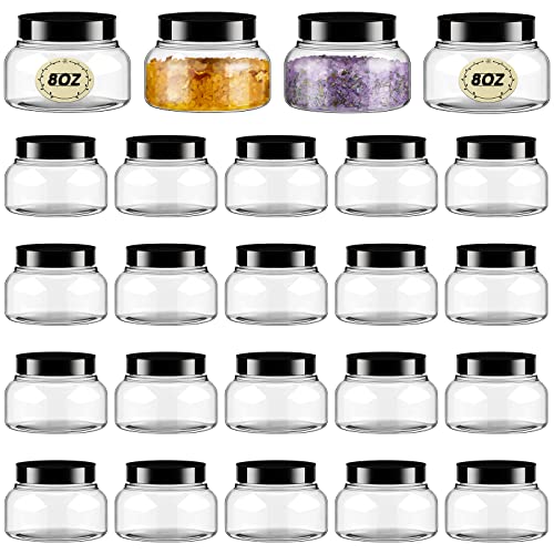 Tessco 24 Pack Plastic Jars with Lids Labels Empty Clear Plastic Jars Round Refillable Cosmetic Containers Body Butter Containers Bulk Sugar Scrub Bottle for Make Up (8 oz,Clear, Black)