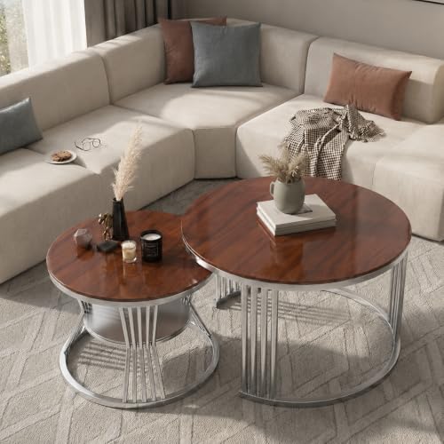 Image of Brown Art SHOPPEE Round Coffee Table Home Decor Furniture Coffee Table Sets,2 Piece MDF Top,Stacking Nesting Table with Iron Frame for Living Room Living Room or Lounge (Silver Brown)