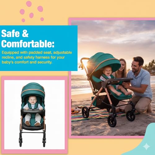 Image of Safe-O-Kid Breez Baby Rubber Wheel Stroller /Pram with 1 Year Warranty (Model - 2024) for New Born /Toddler /Kid for 0 to 3 Years Travel Friendly, 5 Point Safety Harness - Green