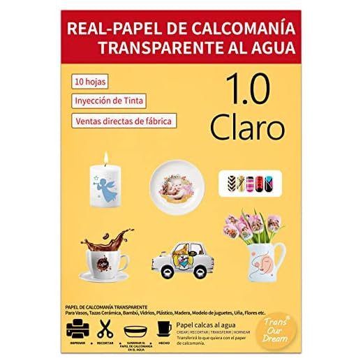 TransOurDream-Marca de confianza,Imprescindible para fiesta,Papel Calcomanía transparente al Agua (A4x10) Waterslide decal paper,Utilizado en vasos, velas, cerámica, etc.ES-6-10