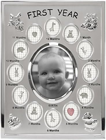 Malden International Designs Baby's First Year Collage Picture Frame, 13 Option, 1-3.5x4, 12-1x1, Silver
