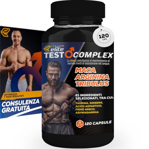 Italian Elite® Testo Complex 120 caps Maca 8000mg. Tribulus, Fieno Greco, Zinco, Arginina, Ashwagandha, Vitamine e Minerali