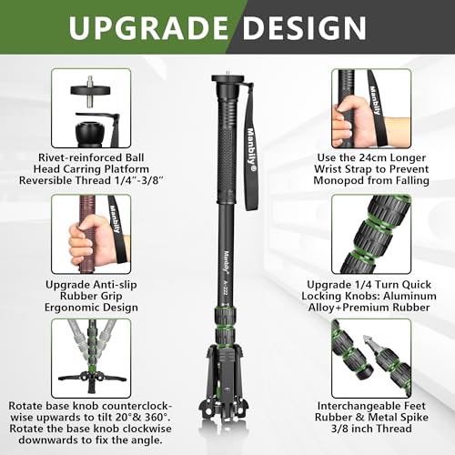 Manbily Camera Monopod with Feet 5 Sections 67-in 170cm Extendable Portable Travel Aluminum Monopod with Removable Tripod Stand Base for DSLR Canon Nikon Sony Video Camcorder Max Load 15.5lbs(A-222) - Image 3