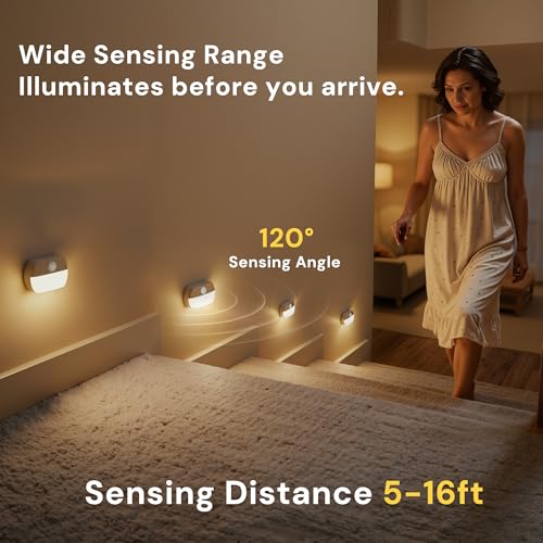Image of L LOHAS LED Motion Sensor Step Lights Indoor, 6 Pack Battery Operated Stair Lights with Warm White 3000K, Wireless Stick-On LED Night Lights for Hallway, Bedroom, Under Cabinet, Kitchen