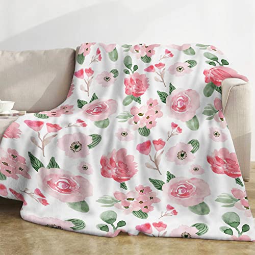 Domgoge Floral Blankets, Pink Rose and Throws, Soft Cozy Flannel Flower Blanket, Fluffy Fuzzy Rosebuds Print Throw, 101x127cm