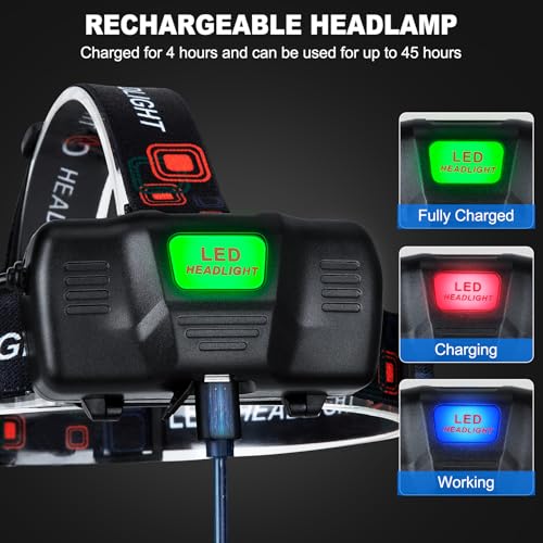 SKNSL Rechargeable Headlamp, 99000 Lumens Super Bright LED Head Lamp with 3 Modes, 90° Adjustable Head Lights for Forehead, 45H Long Runtime & IPX6 Waterproof HeadLamps for Camping Hunting Hiking