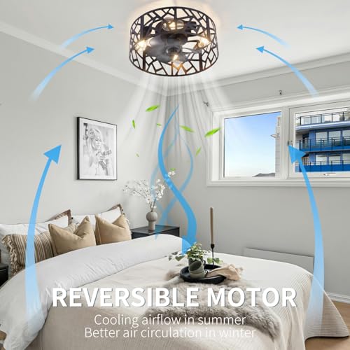 Image of 18 inch Caged Ceiling Fan with Light Vintage Black,Flush Mount Fandelier Ceiling Fan with Lights and Remote,Farmhouse Ceiling Fans for Bedroom, Kitchen, Living Room