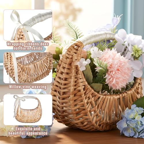 Kifmurase 4PCS Flower Girl Baskets, Boho Small Wicker Basket with Handle, Easter Petal Candy Storage Basket Bulk, Half Moon Rattan Woven Baskets for Wedding Picnic Garden Home Decor, 7.4 × 6.5 Inch