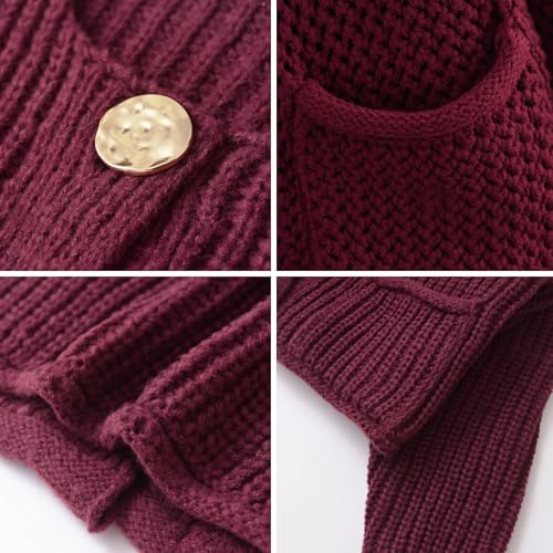 Image of Chevara Women's Cropped Cardigan Sweater Long Sleeve Crewneck Button Down Knit Sweater with Pockets(0128-WineRed-S-CW)