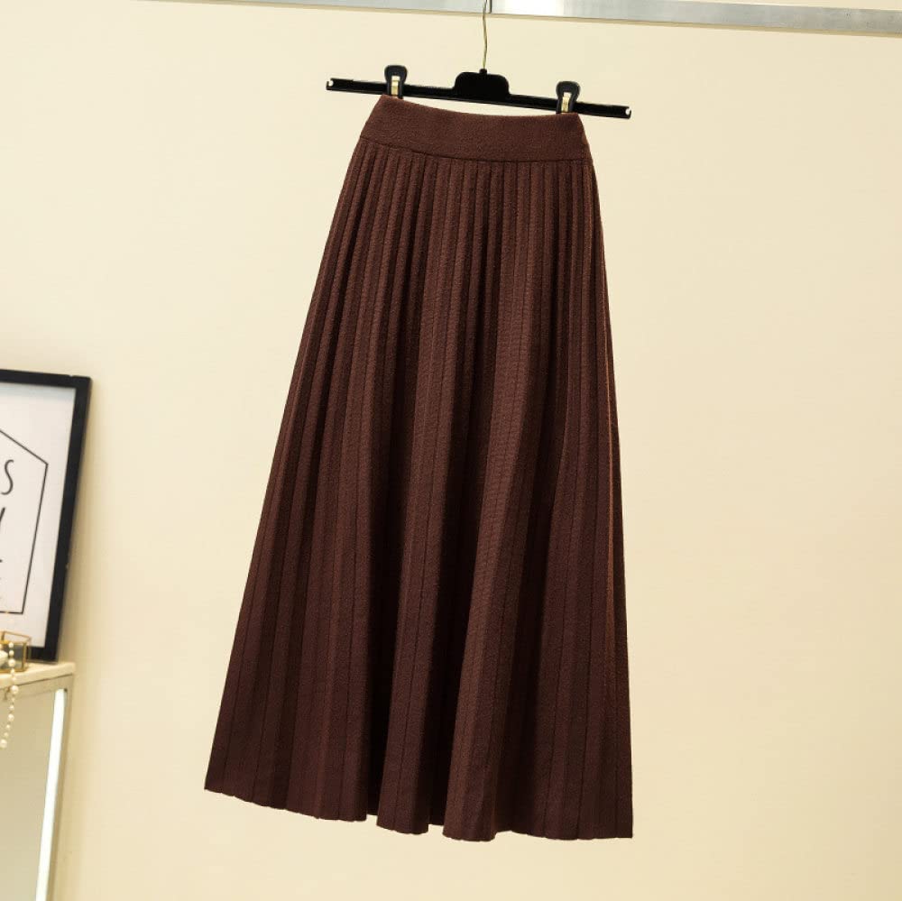 Dehnbarer Strickrock,Damen-Midirock, Dunkelbraun, Elastisch, Hohe Taille, Gestrickter Faltenrock, Hüftumwickelt, A-Linie, Schaukel, Gerafft, Herbst, Einfache Lange Röcke Für Mädchen, Damen,L