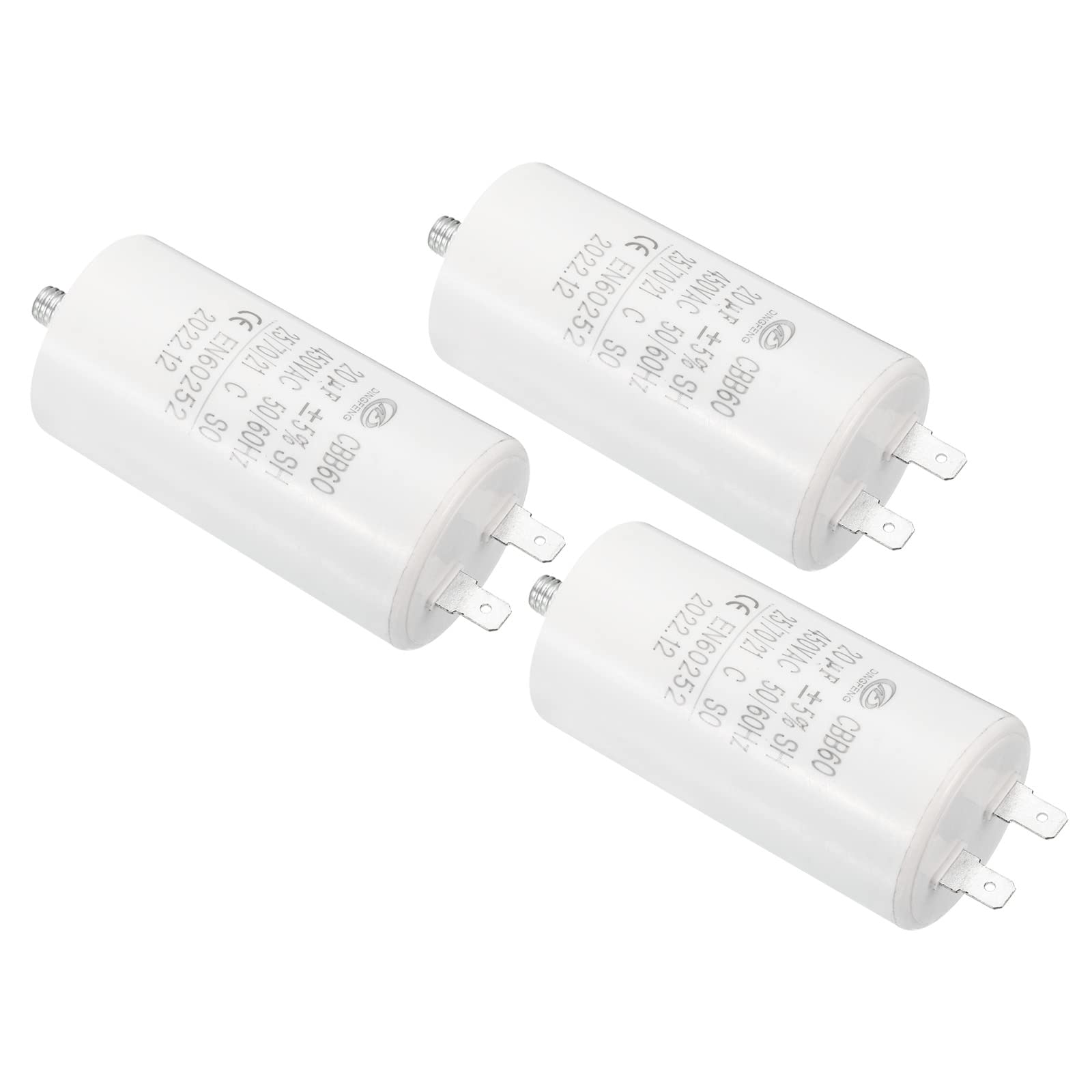 PATIKIL CBB60 20uF Running Capacitor, 3Pcs AC 450V 2 Pins 50/60Hz Cylinder Bottom with M8 Screw for Washing machine, Water Pump Motor Star,1.64 x 3.12inch