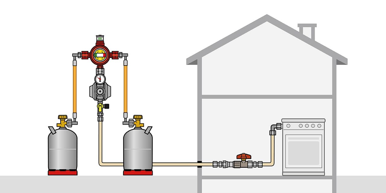 AUV - Sistema de válvula de conmutación automática para bombonas de gas, doble botella con regulador de baja presión, probador de fugas y protección contra sobrepresión, color rojo, hasta 16