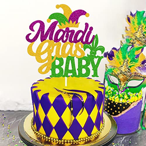 Mardi Gras Baby Cake Topper Carnival Baby Shower Cake Decorations New Orleans Masquerade Fleur De Lis Fat Tuesday Theme Gender Reveal Baby Shower Party Supplies #TOP4