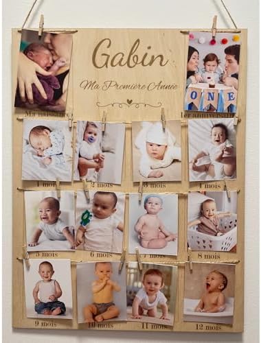 Cadre Photo Bébé Premier Anniversaire - Planche Bois 12 Mois Avec Gravures