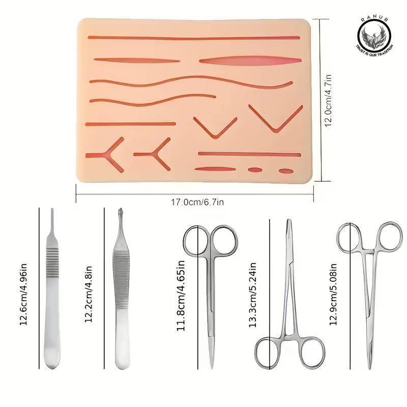 Image of RANUR Suture Practice Kit - 17 Piece Precision Suture kit for medical Students with Large Suturing Pad, Pre-Cut Wounds, Instruments & Carry Case